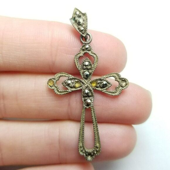 Vintage Sterling Silver and Marcasite Cross Pendant, Cut Out Design, Estate - Picture 1 of 8
